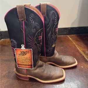 Brown and Black Western Boots with Pink Accents